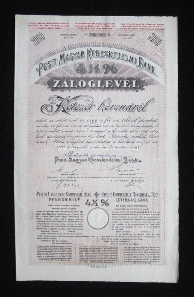 Pesti Magyar Kereskedelmi Bank záloglevél 2000 korona 1910 -i-